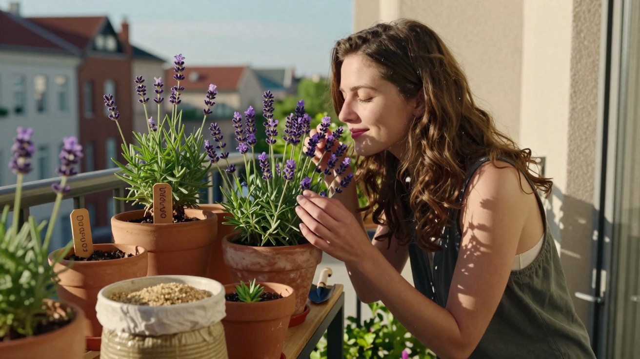 Mulher a cheirar flores de lavanda em vasos num terraço ensolarado com edifícios ao fundo.