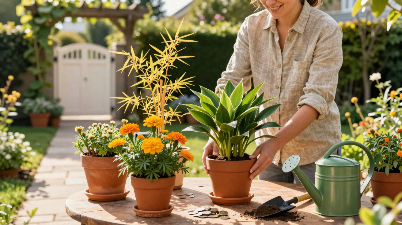 Pessoa a cuidar de plantas em vasos num jardim, com regador e moedas sobre a mesa de madeira.