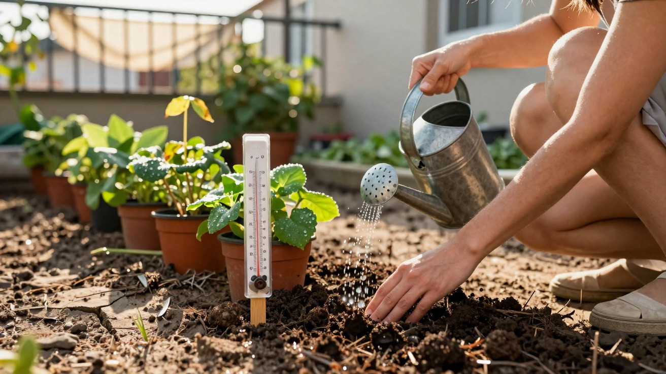 Pessoa a regar plantas numa horta com regador metálico, com termómetro a medir a temperatura do ar.