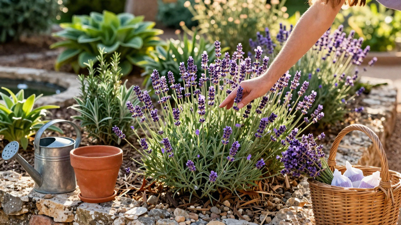 Pessoa a colher flores de lavanda num canteiro com regador e cesta ao lado em jardim soalheiro.