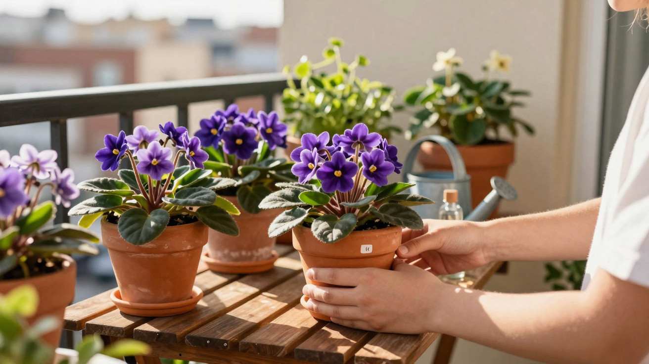 Pessoa a cuidar de violetas em vasos de barro num terraço ensolarado.