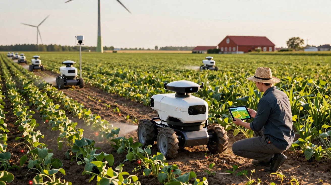 Agricultor com tablet controla robôs autónomos que monitorizam e irrigam uma lavoura com turbinas eólicas ao fundo.