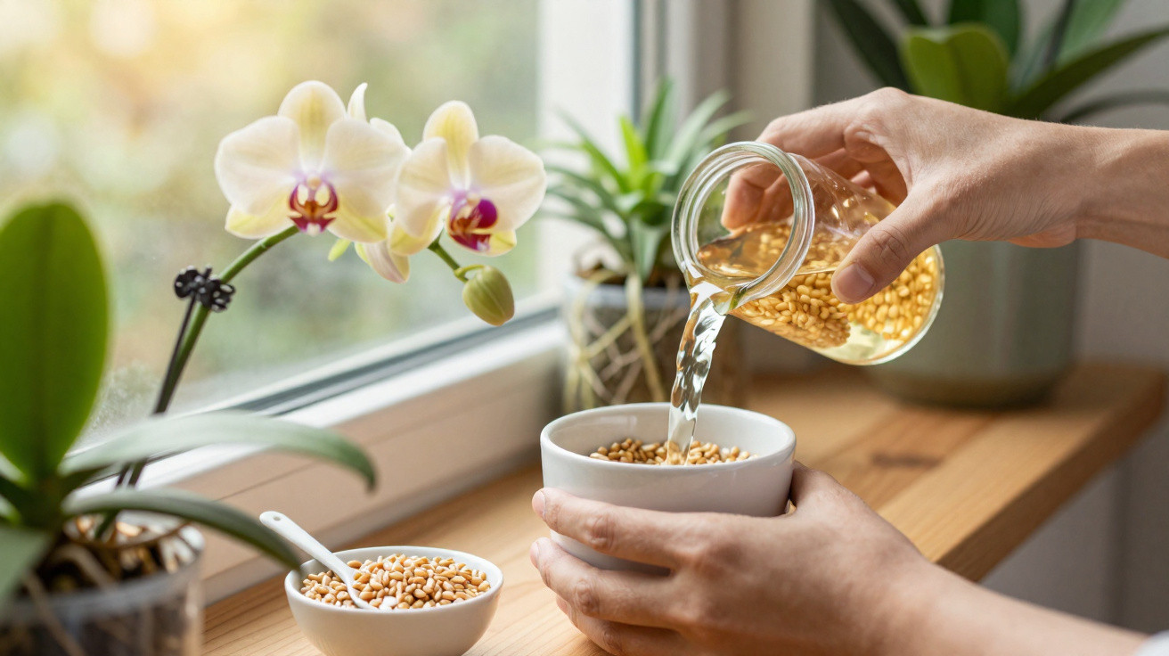 Mãos a verter água num vaso com sementes à beira de uma janela com orquídeas e plantas verdes.