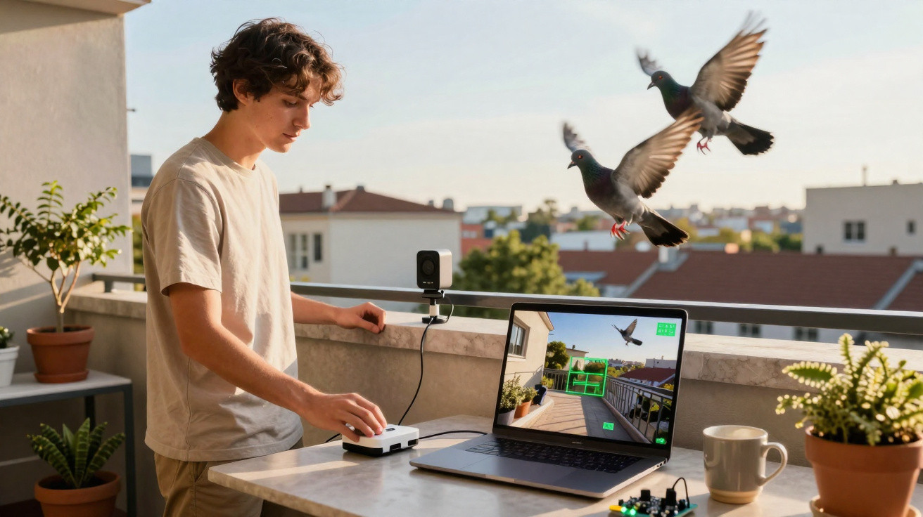 Jovem controla drones com comandos em varanda, com computador e câmaras, e pombos a voar ao fundo.