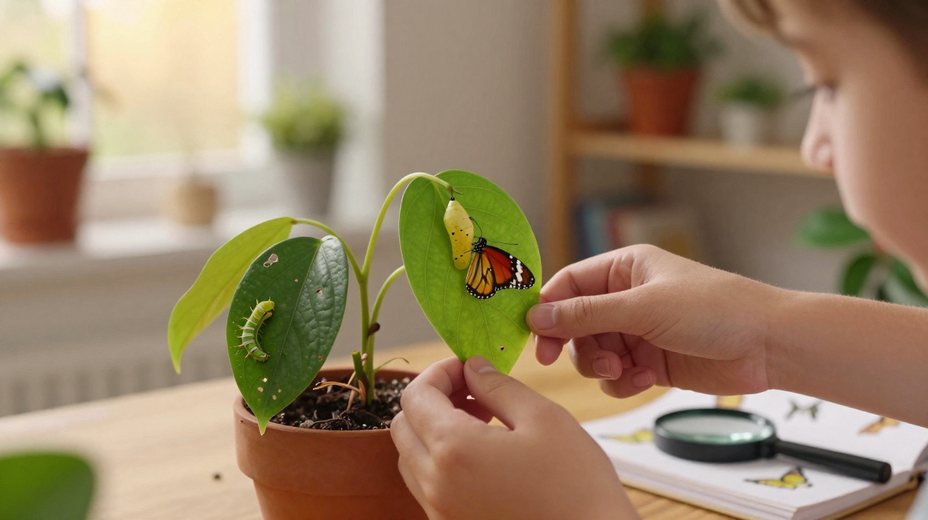 Criança observa metamorfose de lagarta a borboleta numa planta em vaso numa mesa interior.