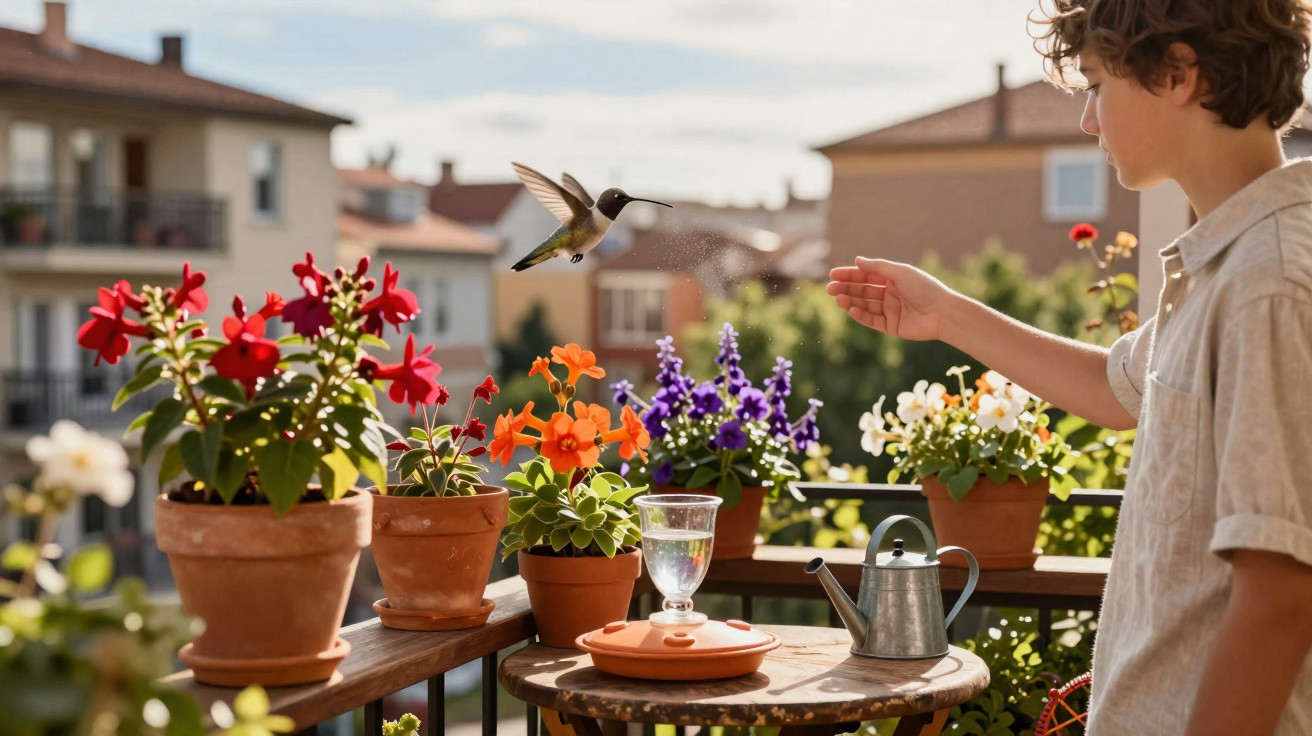 Rapaz alimenta colibri junto a várias flores em vasos num terraço ensolarado.