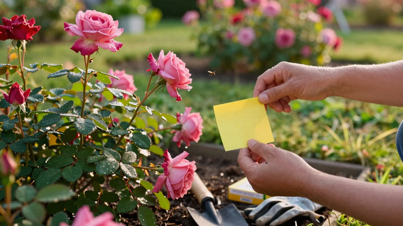 Pessoa a colocar um papel amarelo junto a roseira com flores cor-de-rosa num jardim.