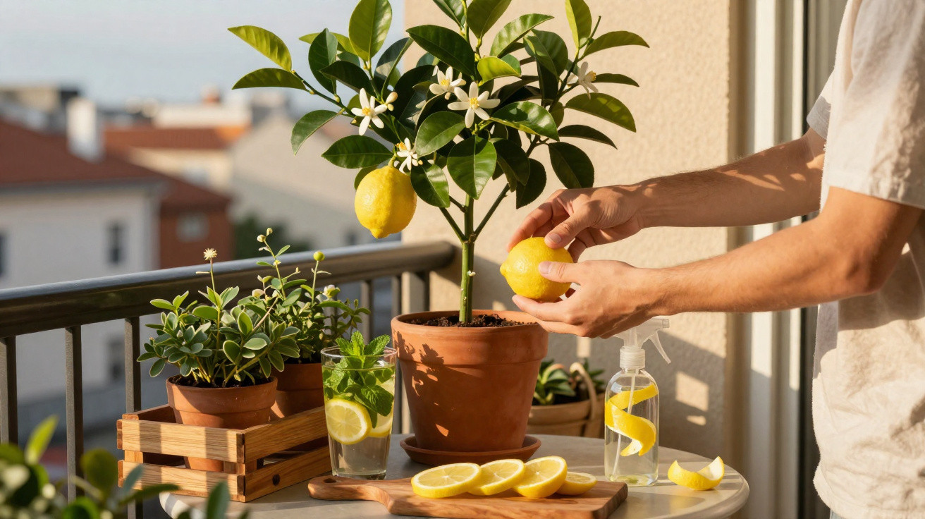 Pessoa colhe limão de planta em vaso num terraço com plantas, copo e garrafa com limão cortado.