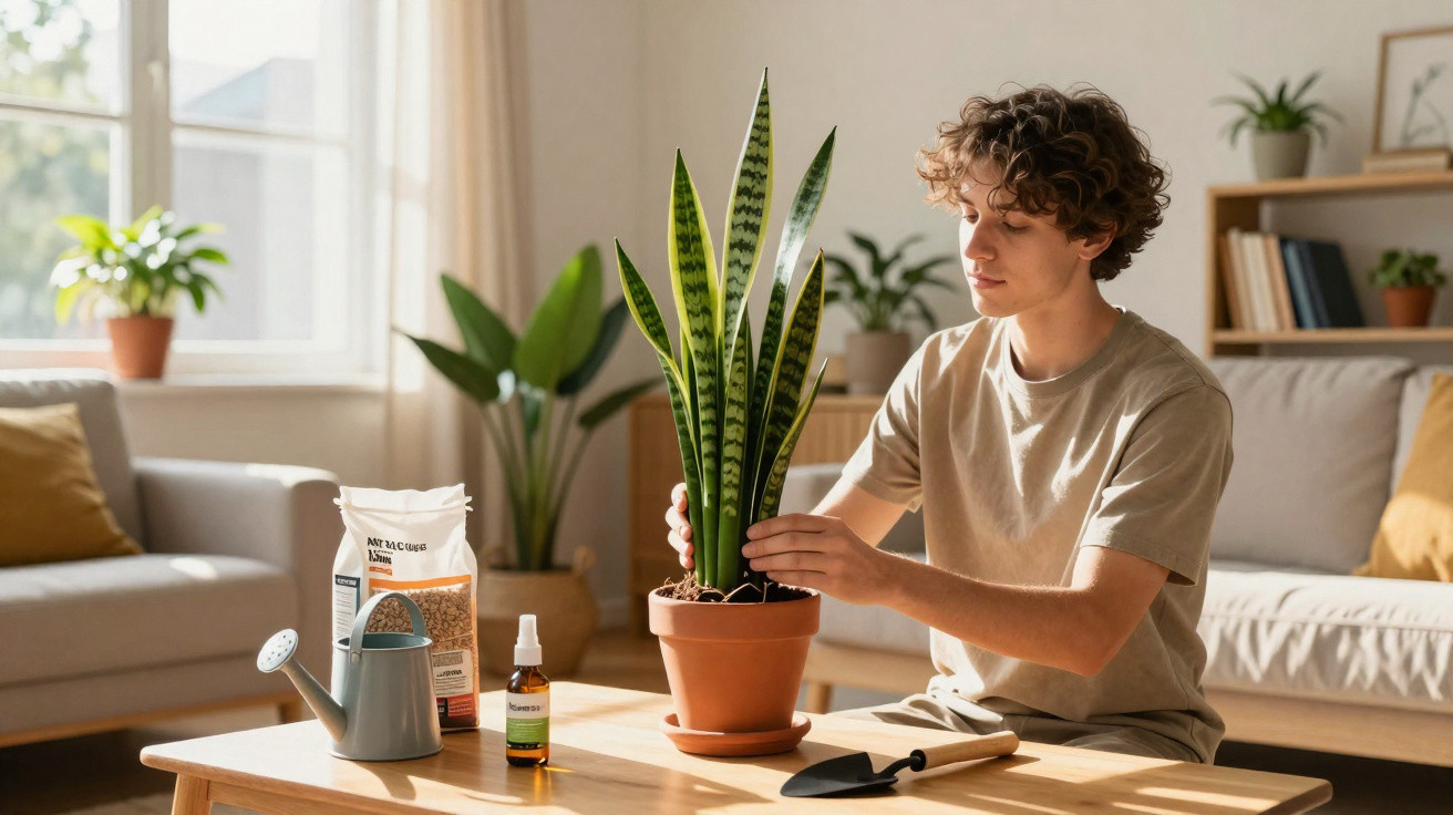 Jovem a cuidar de planta suculenta em vaso terracota numa sala iluminada, com utensílios para jardinagem.