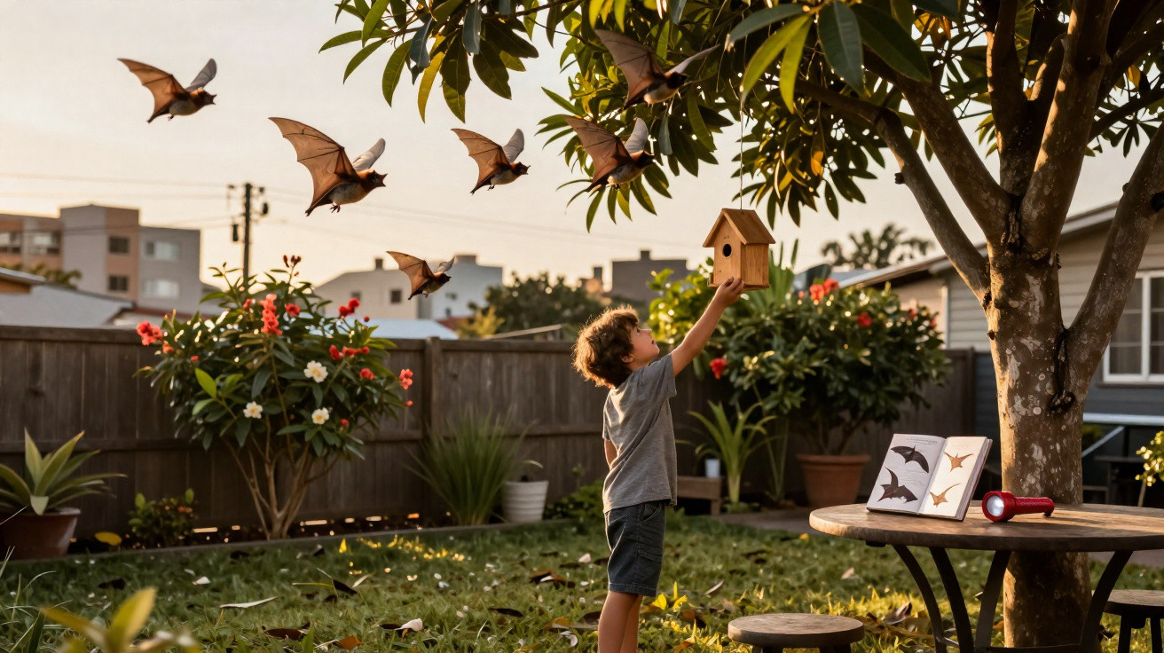 Criança a colocar casa para morcegos numa árvore, com morcegos a voar num jardim ao pôr do sol.