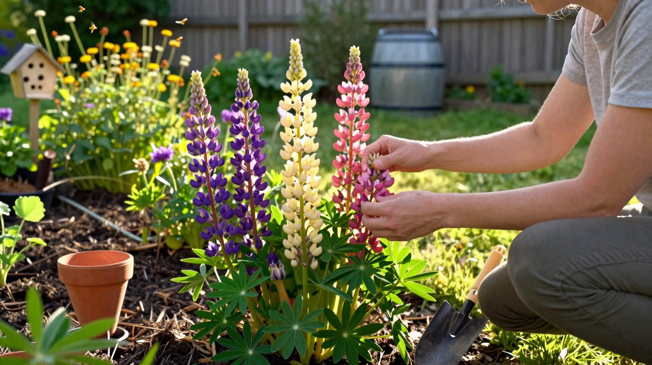 Pessoa a cuidar de flores lupinos roxos, amarelos e cor-de-rosa num jardim soalheiro com utensílios de jardinagem.