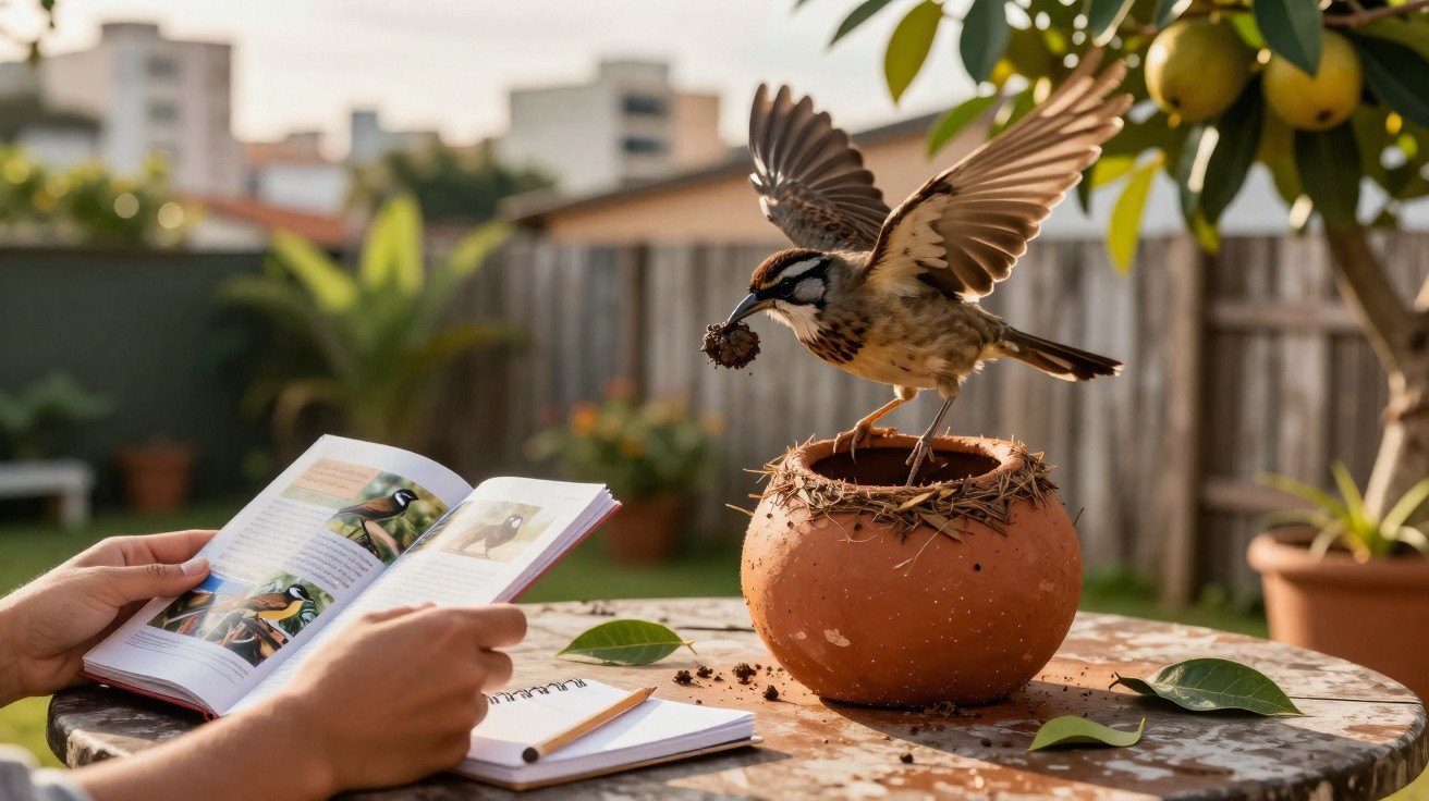 Pássaro a voar perto de um vaso de barro numa mesa de jardim, com uma pessoa a ler um livro sobre aves.