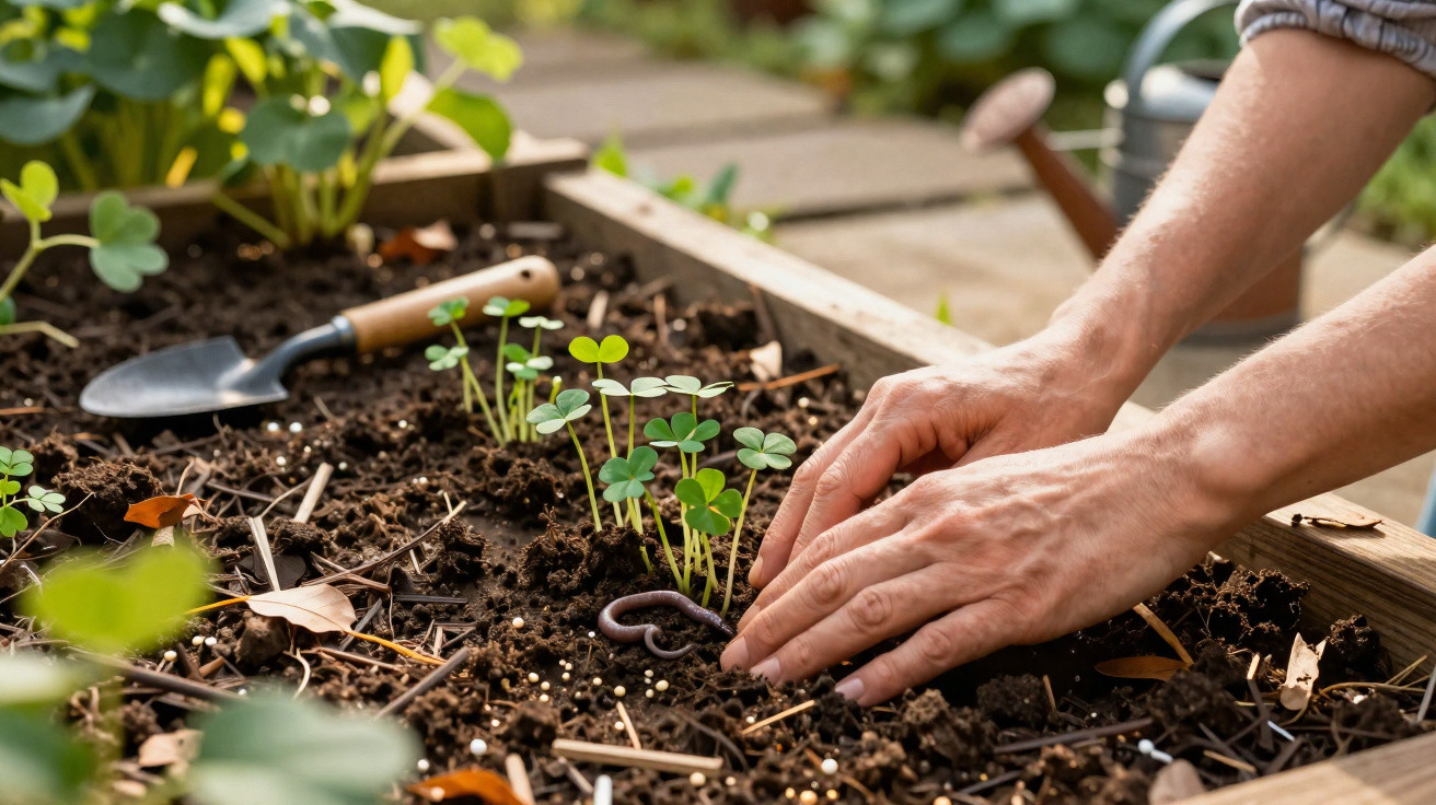 Mãos a cuidar de plantas jovens numa hortinha com terra húmida, enxada e minhoca visível.