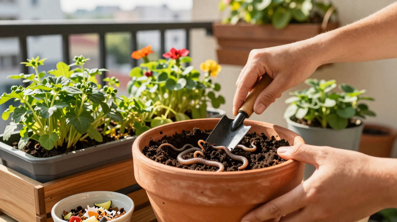 Mãos a preparar terra com minhocas num vaso com flores e plantas num terraço iluminado pelo sol.