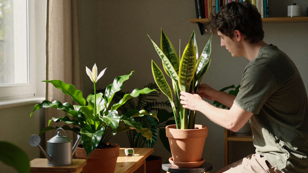 Homem cuida de plantas em vaso num interior iluminado por luz natural junto a uma janela.