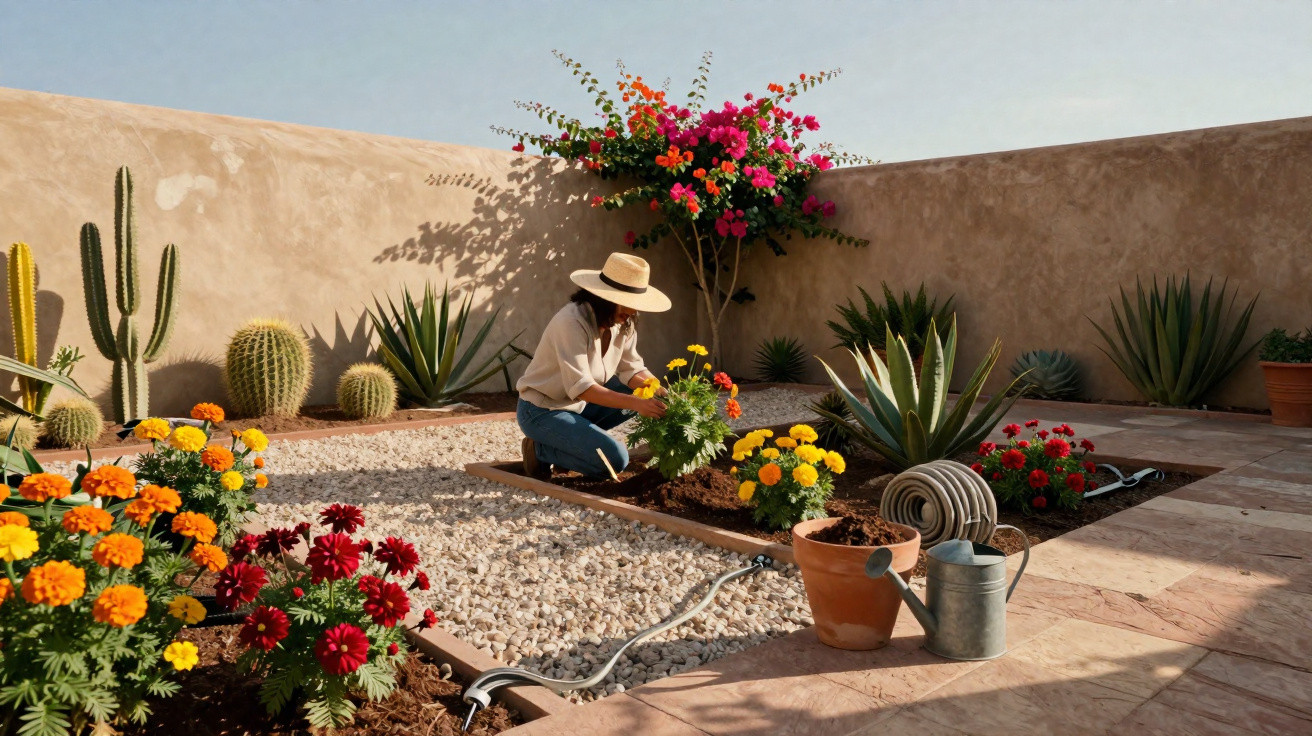 Pessoa a cuidar de flores num jardim com cactos e plantas suculentas em dia ensolarado.