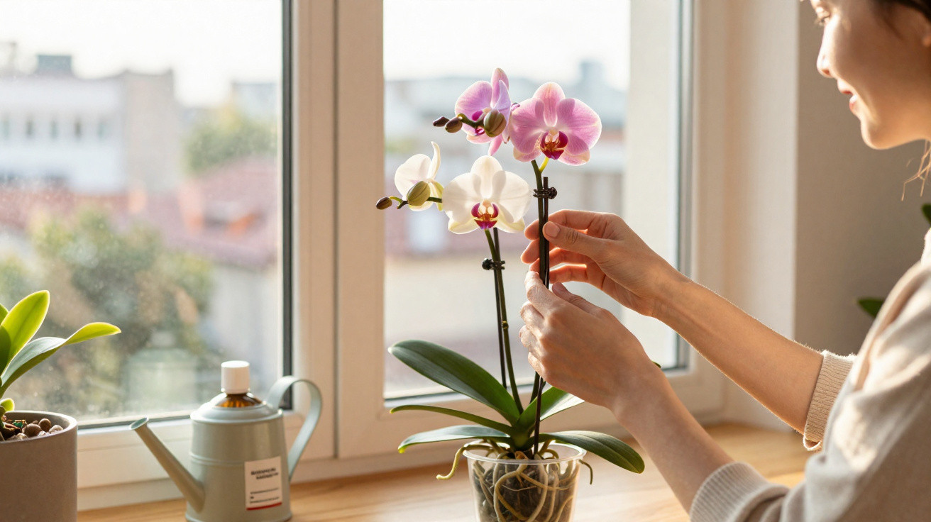 Pessoa a cuidar de orquídeas rosa e branca numa planta junto à janela numa sala iluminada.