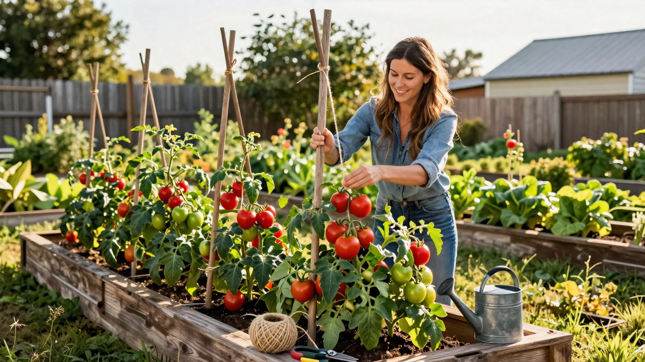 Mulher a cuidar de tomateiras num jardim elevado com tomates maduros vermelhos e verdes.