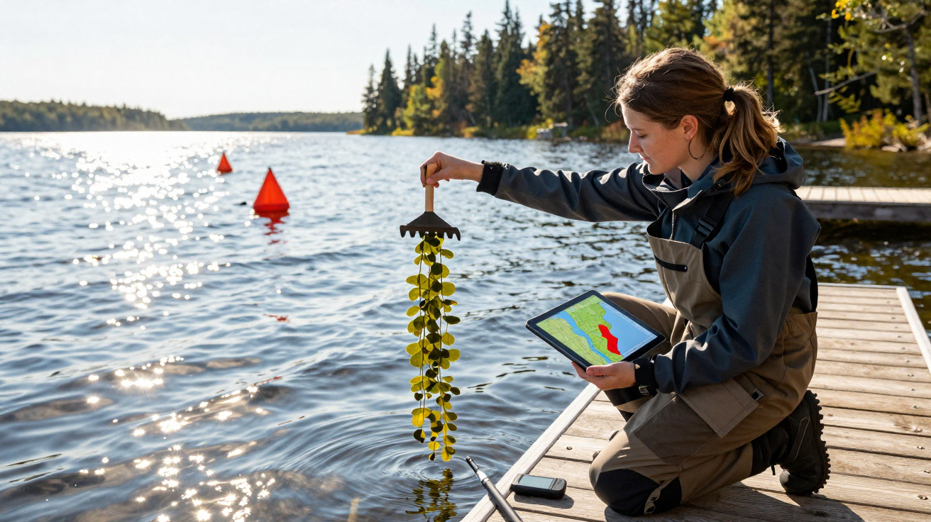 Mulher com equipamento de proteção recolhe amostra de plantas aquáticas junto a um lago com florestas ao fundo.