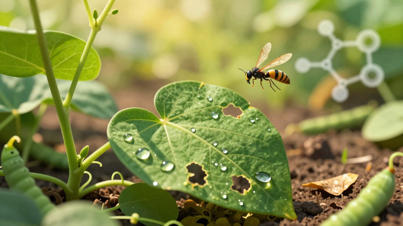 Abelha a voar perto de folha verde com orifícios e gotas de água na terra.