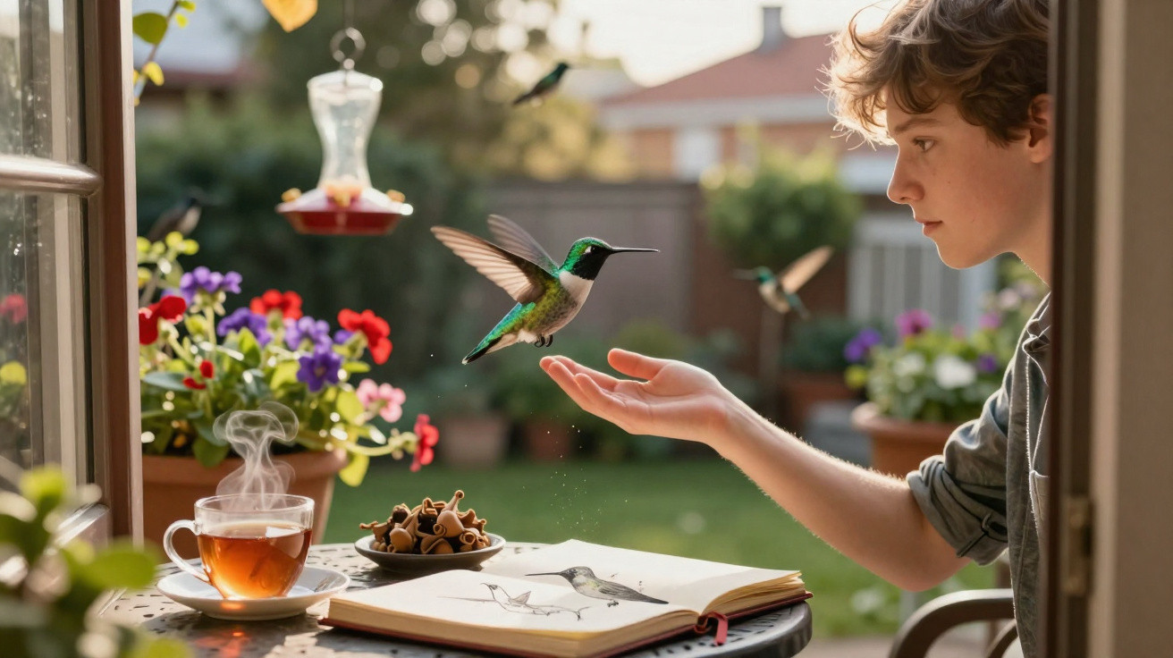 Jovem observa beija-flor a pousar na mão, com chá, flores e livro aberto numa mesa ao ar livre.