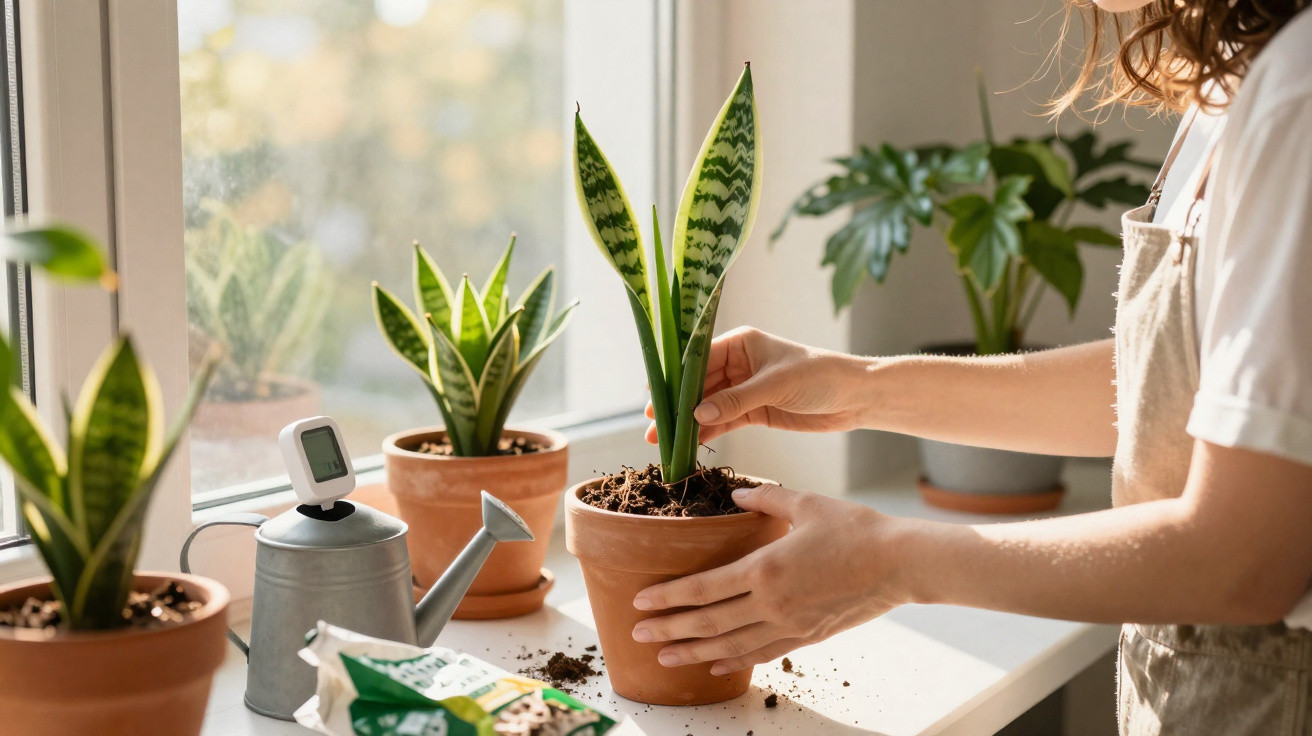 Pessoa a transplantar planta suculenta em vaso de barro junto a janela com outras plantas e regador.