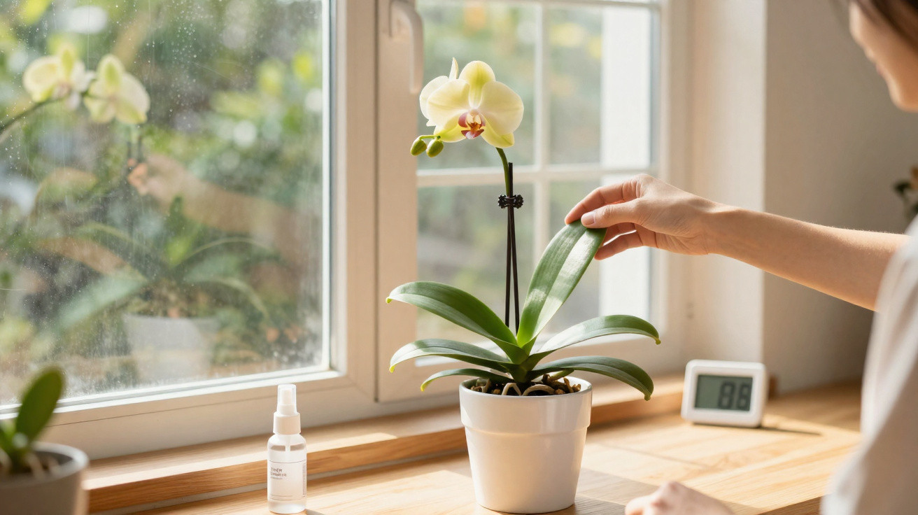 Mão a cuidar de orquídea amarela em vaso branco junto a janela com luz natural e termómetro digital.