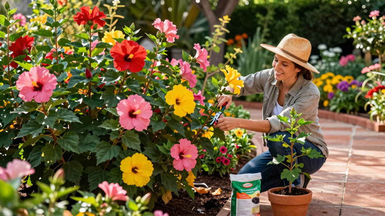 Mulher com chapéu a cortar flores coloridas num jardim bem cuidado ao ar livre.