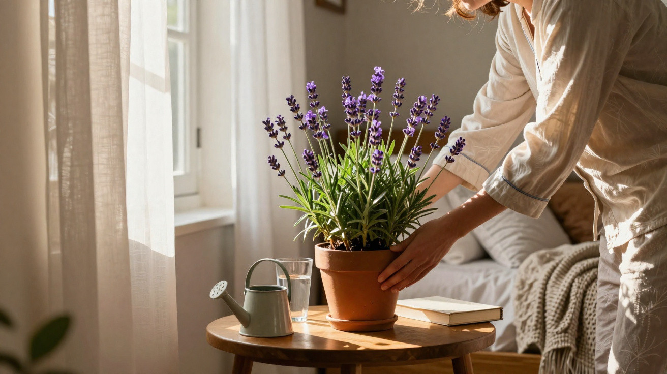 Pessoa a arrumar vaso de lavanda numa mesa com regador, copo de água e livro perto da janela iluminada pelo sol.