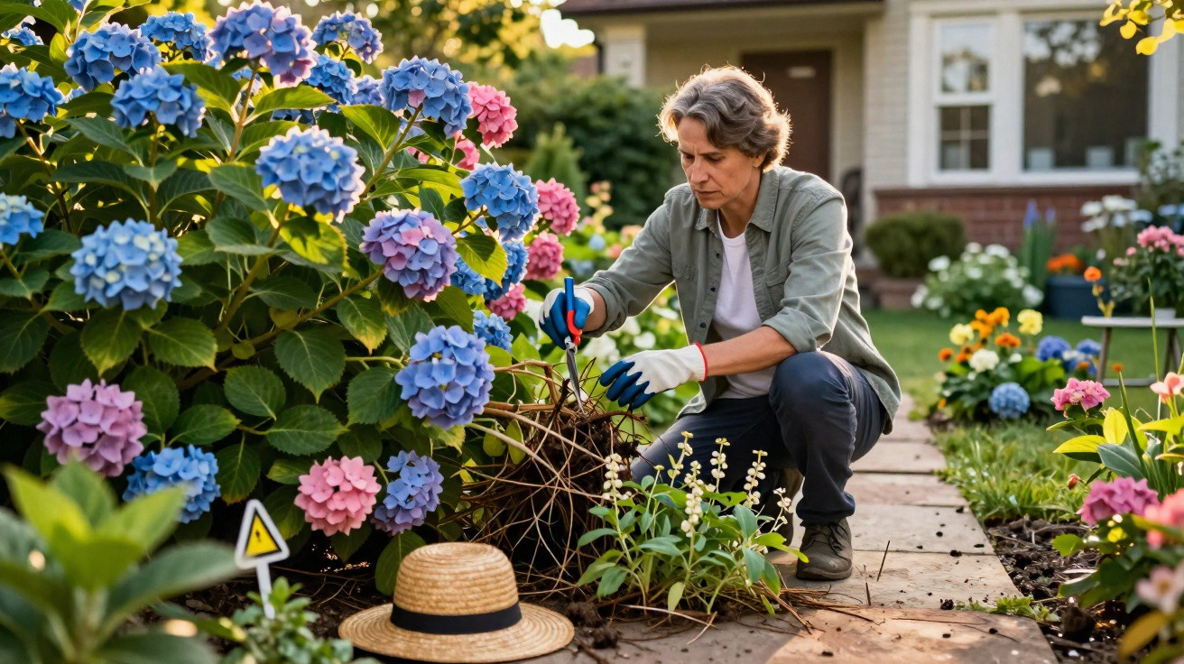 Mulher a podar plantas num jardim com flores coloridas durante o dia perto de uma casa.