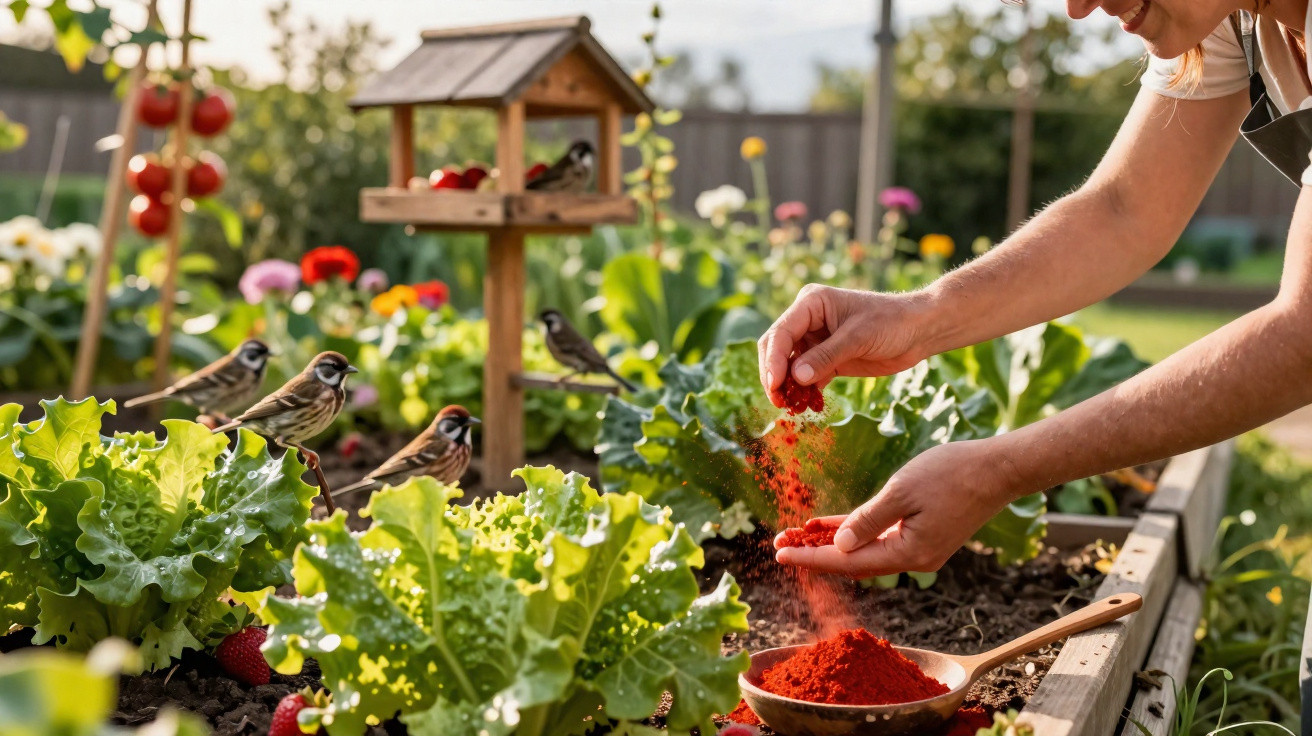 Pessoa a polvilhar plantas com fertilizante vermelho num jardim com alfaces e pássaros ao fundo.