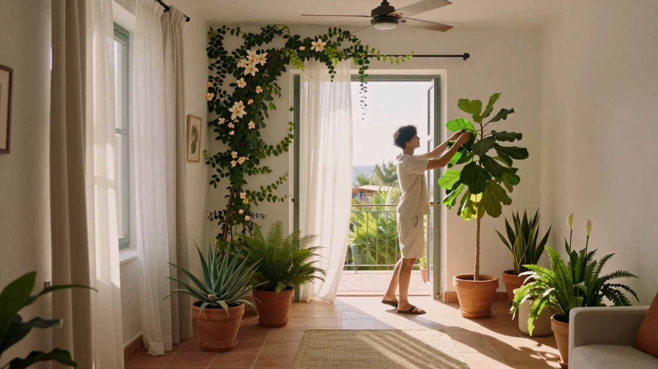 Pessoa a cuidar de plantas num sala luminosa com várias plantas em vasos e uma porta aberta para uma varanda.