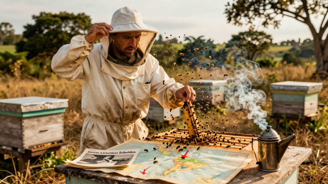 Apicultor em fato de proteção a analisar um quadro de colmeia com abelhas a voar ao redor na natureza.