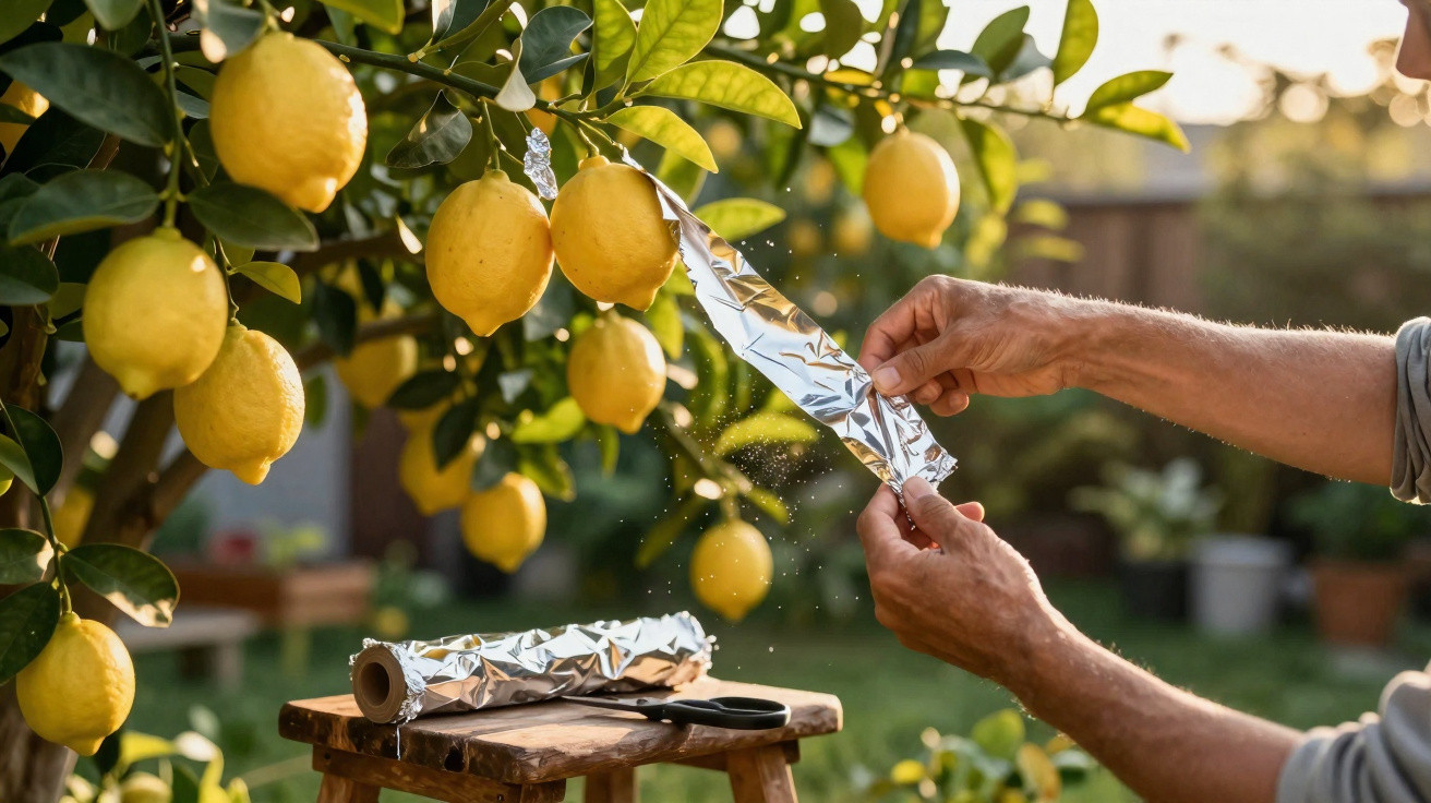 Pessoa a preparar papel de alumínio junto a limoeiros com limões maduros num jardim ao pôr do sol.
