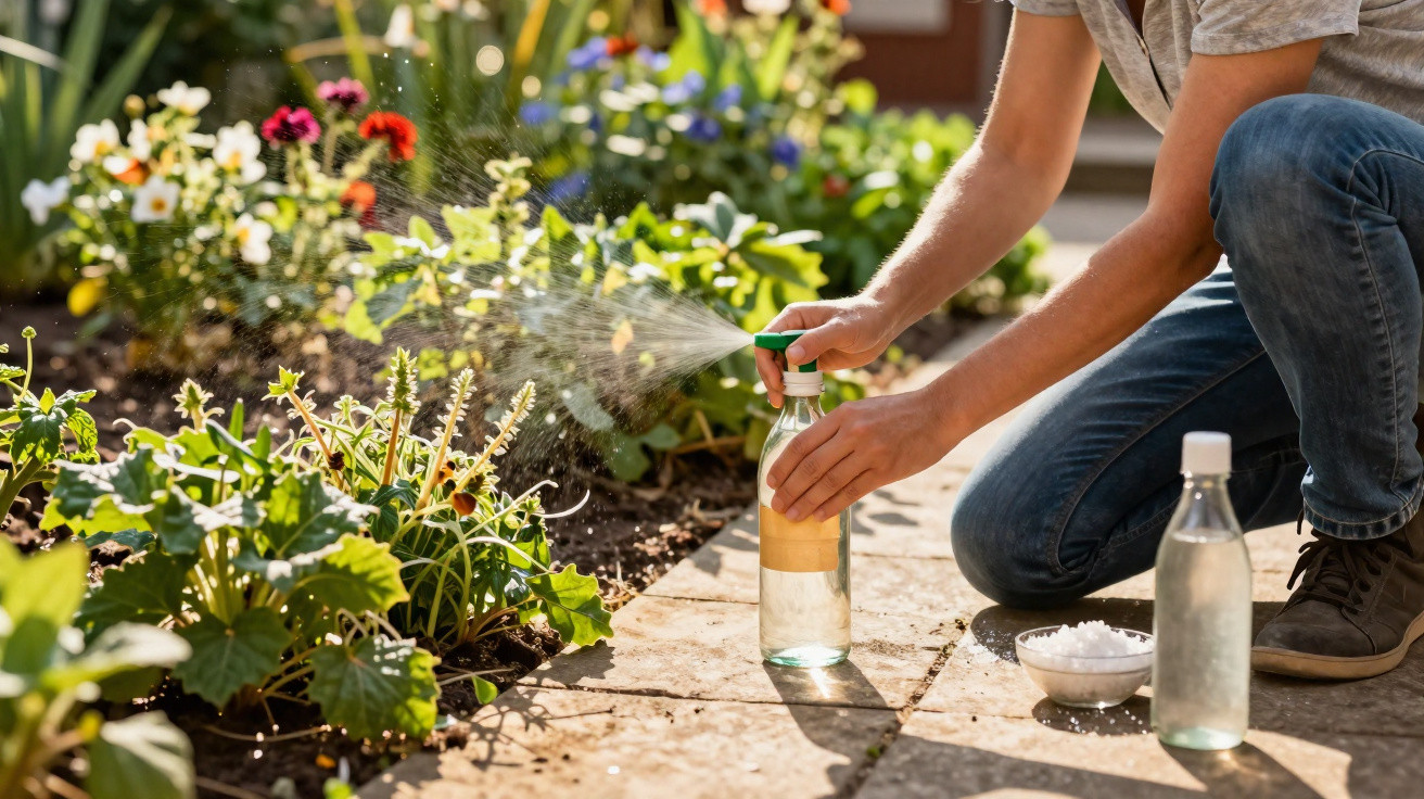 Pessoa a pulverizar plantas verdes num jardim com frascos e tigela ao lado numa calçada.
