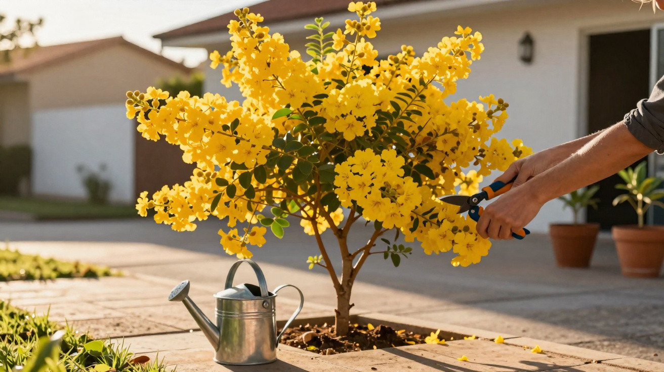 Pessoa a podar árvore com flores amarelas num jardim com regador metálico ao lado