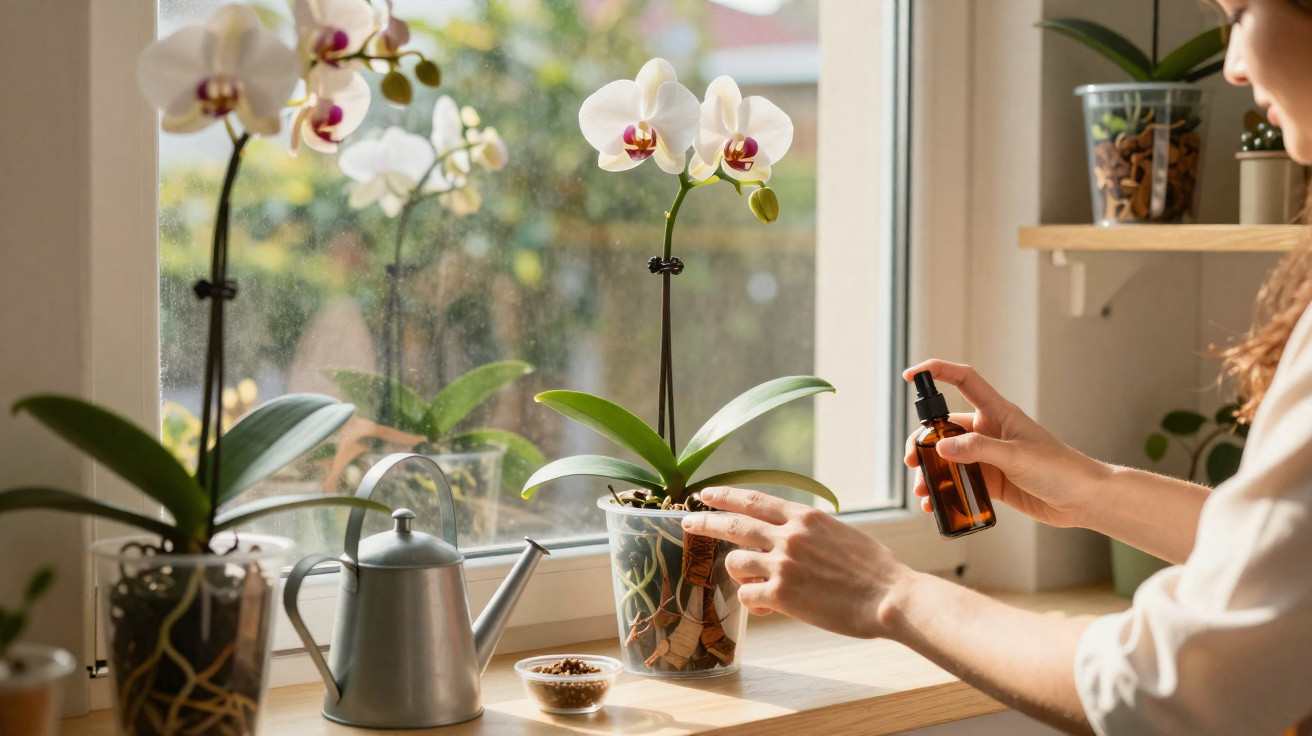 Pessoa a pulverizar orquídea branca numa janela, com regador e vasos no peitoril em madeira clara.