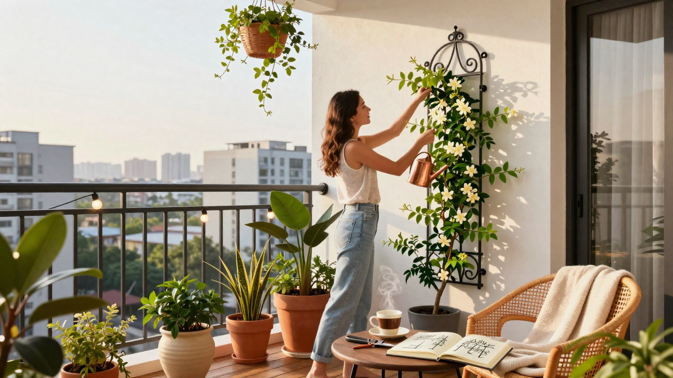 Mulher a cuidar de plantas numa varanda acolhedora com vista urbana ao amanhecer.