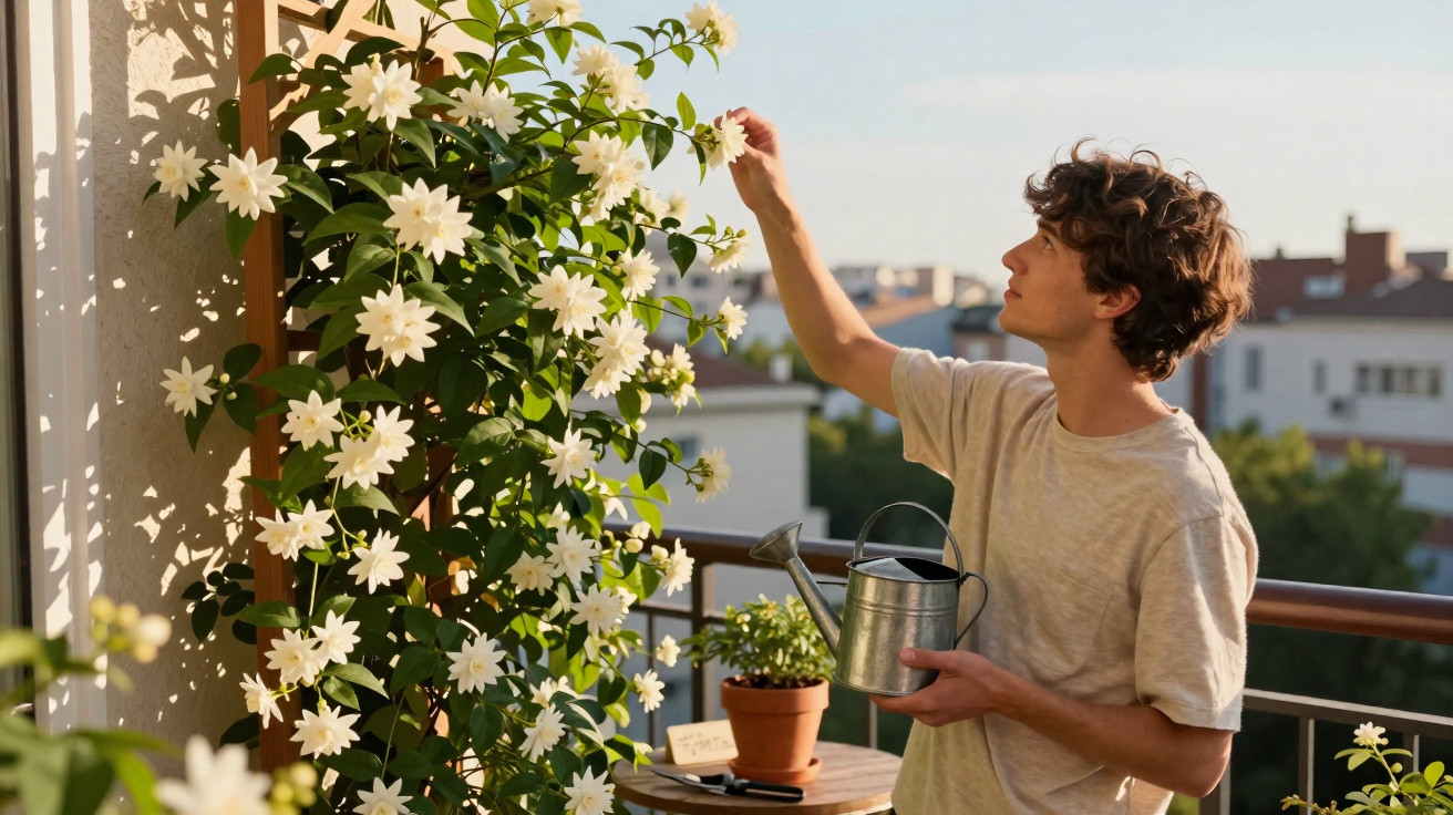 Homem rega e cuida de uma planta trepadeira com flores brancas numa varanda ao entardecer.