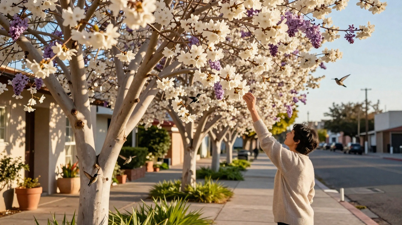 Pessoa a alcançar flores brancas num passeio urbano com árvores floridas e beija-flores ao redor.
