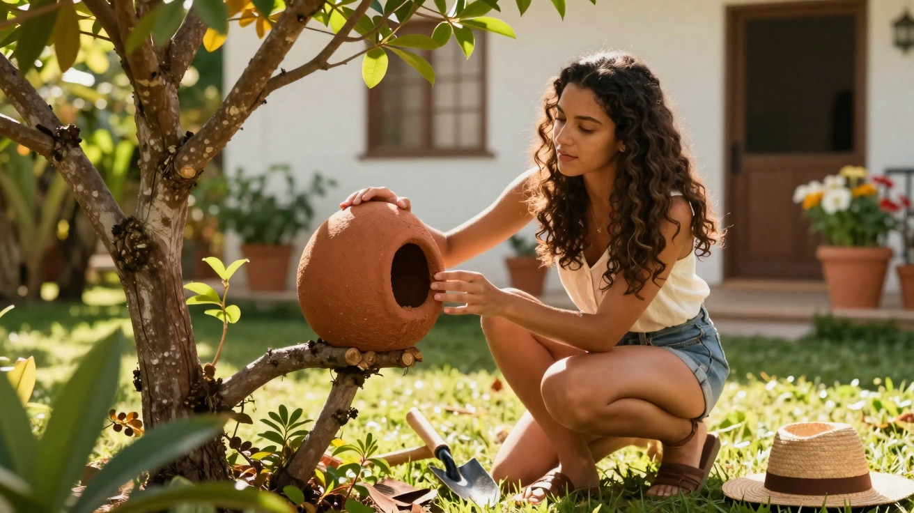 Mulher agachada no jardim a colocar pote de barro numa árvore, com chapéu no chão ao lado.