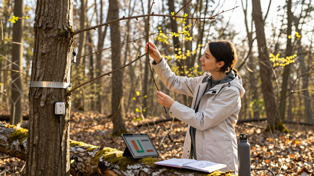 Mulher numa floresta a analisar dados de sensores ligados a uma árvore durante estudo ambiental.