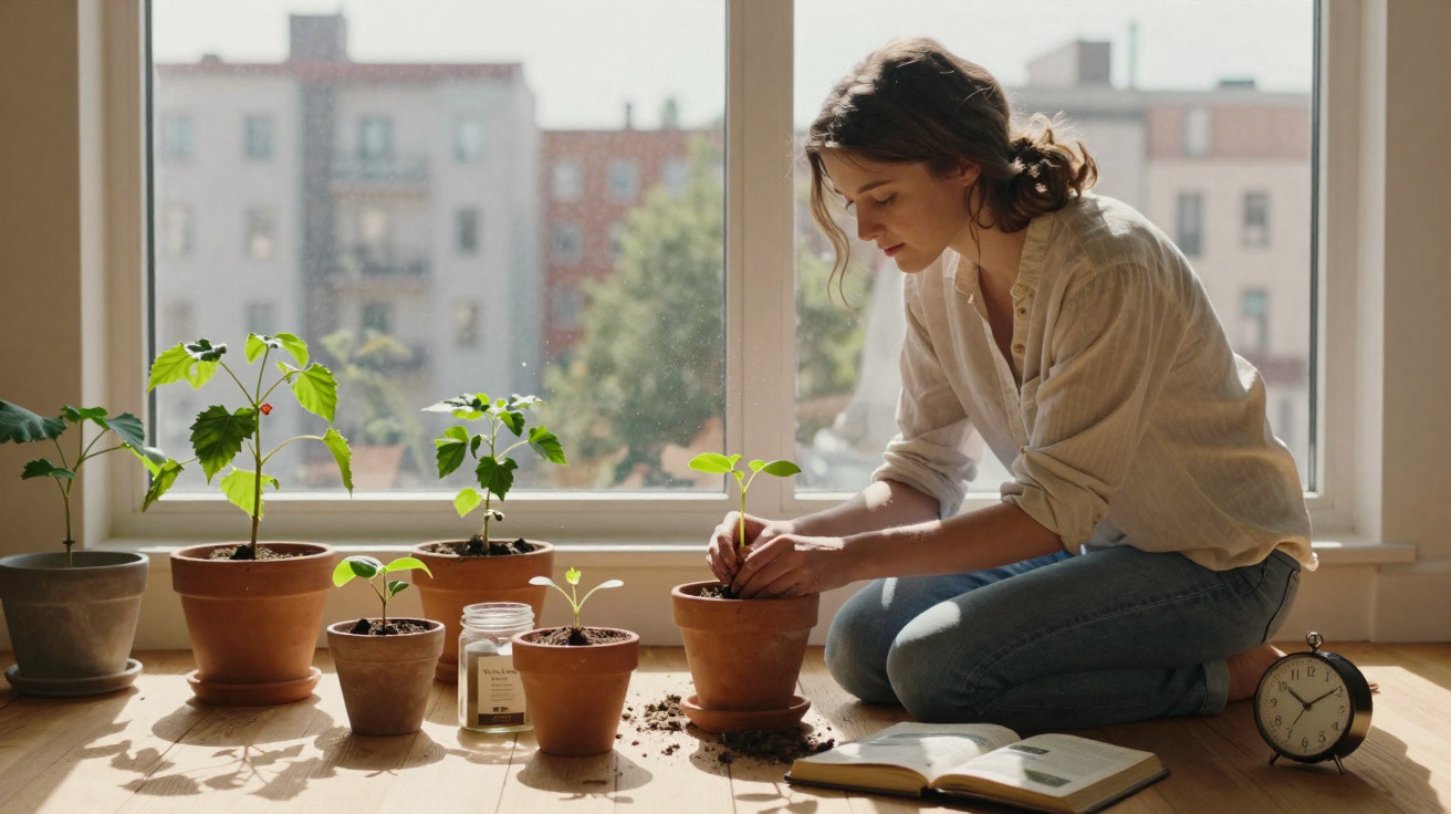 Mulher a cuidar de plantas em vasos junto a janela, com livro aberto e relógio ao lado no chão.