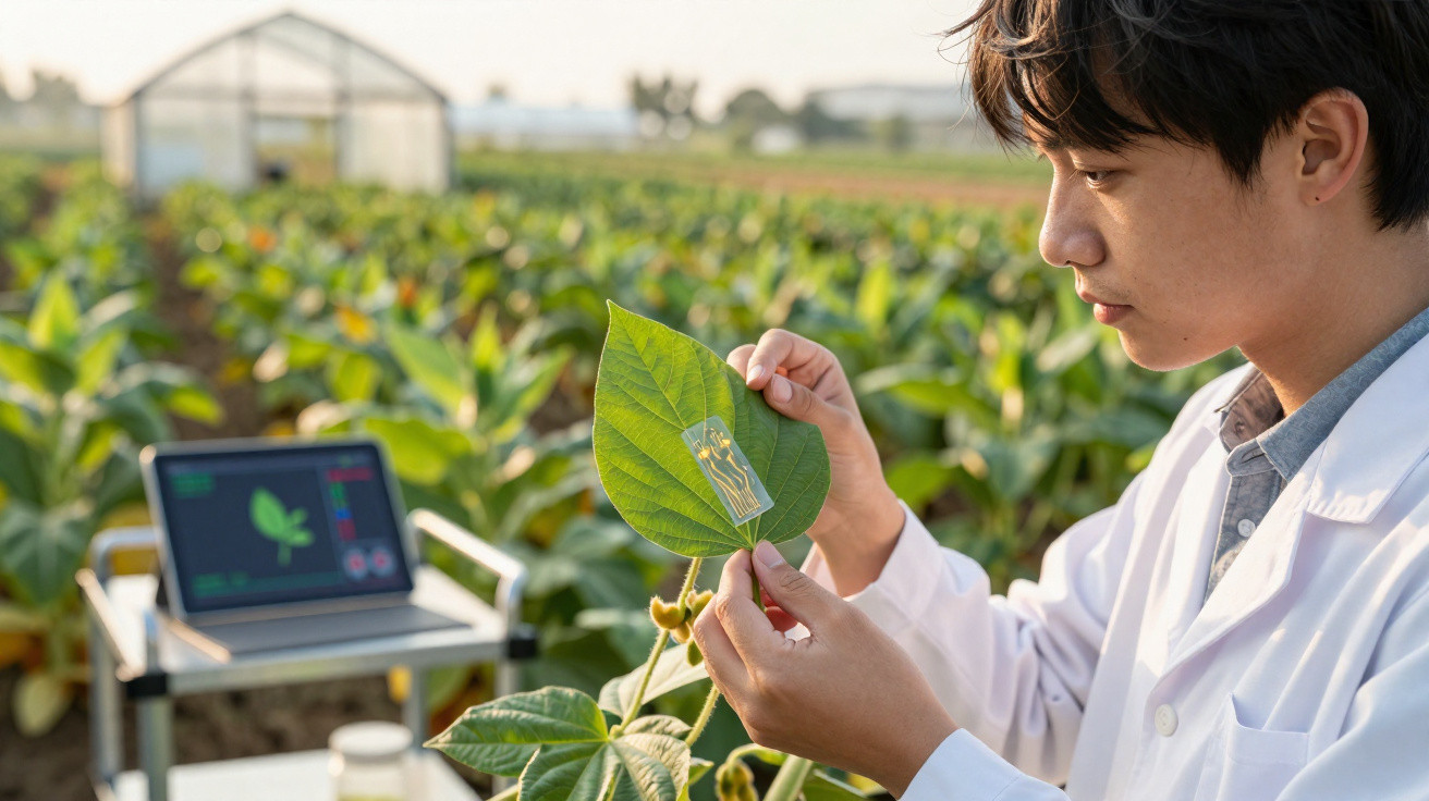 Cientista em laboratório agrícola analisa folha com sensor eletrónico numa plantação ao ar livre.