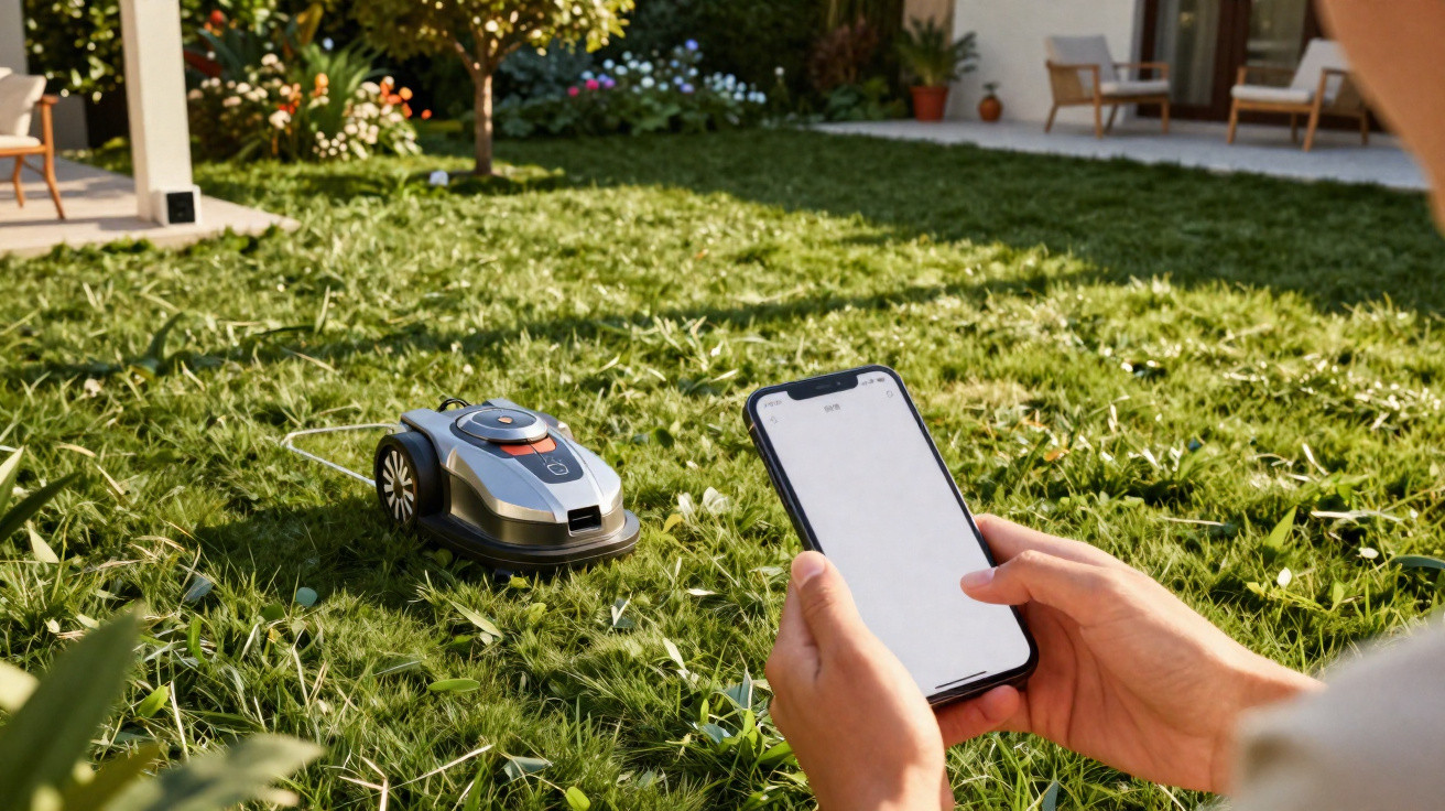 Pessoa a controlar um cortador de relva robotizado através de um smartphone num jardim ensolarado.