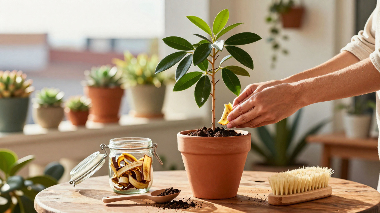 Pessoa a colocar cascas de banana como fertilizante em planta em vaso numa mesa de madeira com várias plantas ao fundo.
