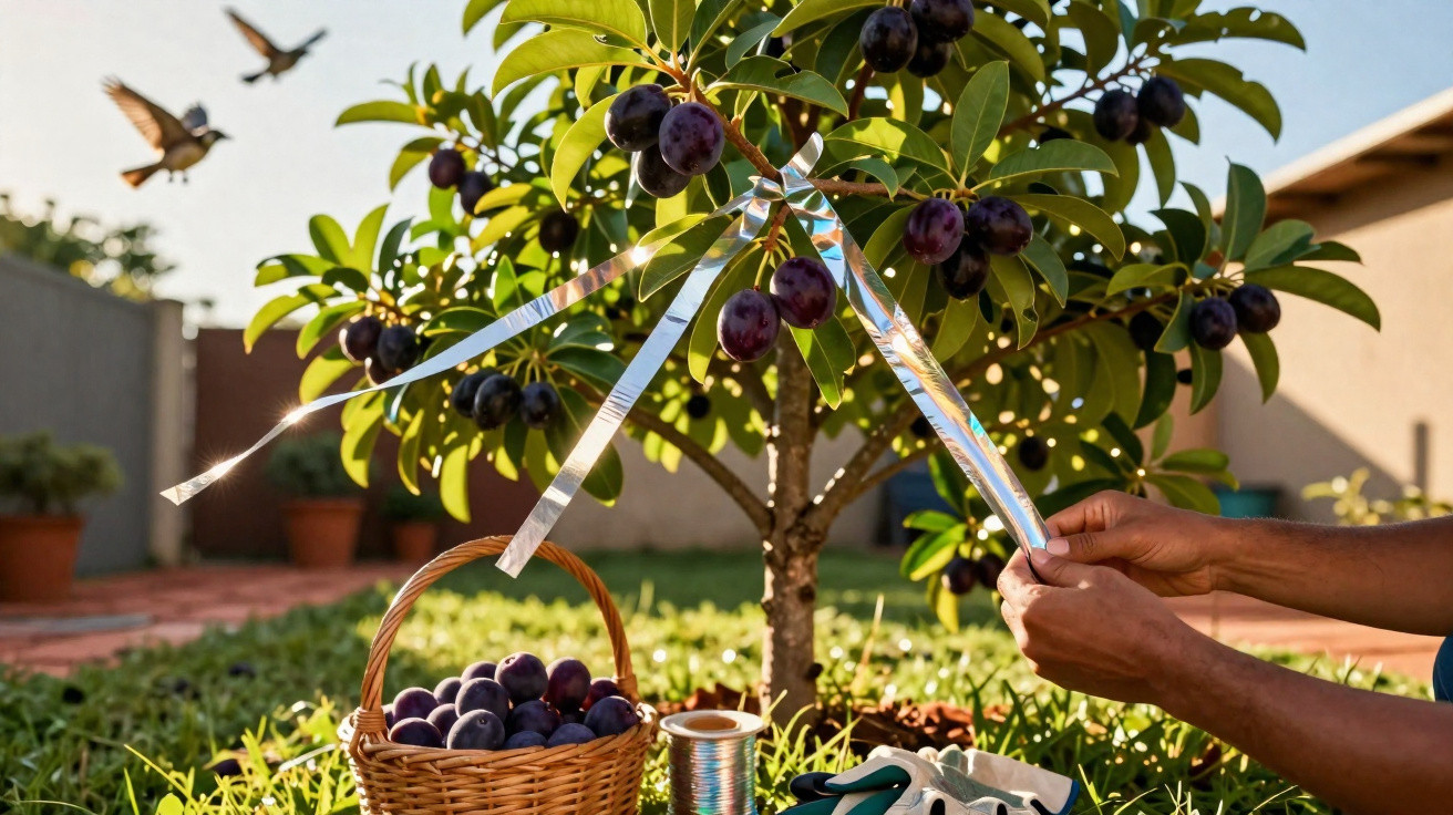 Mãos a cortar fitas prateadas de árvore com frutos pretos, cesta cheia e pássaros a voar ao fundo.