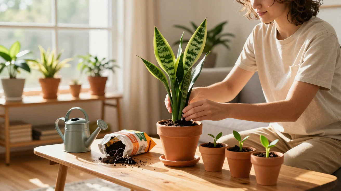 Pessoa a cuidar de plantas em vasos de barro numa sala iluminada com janela grande.
