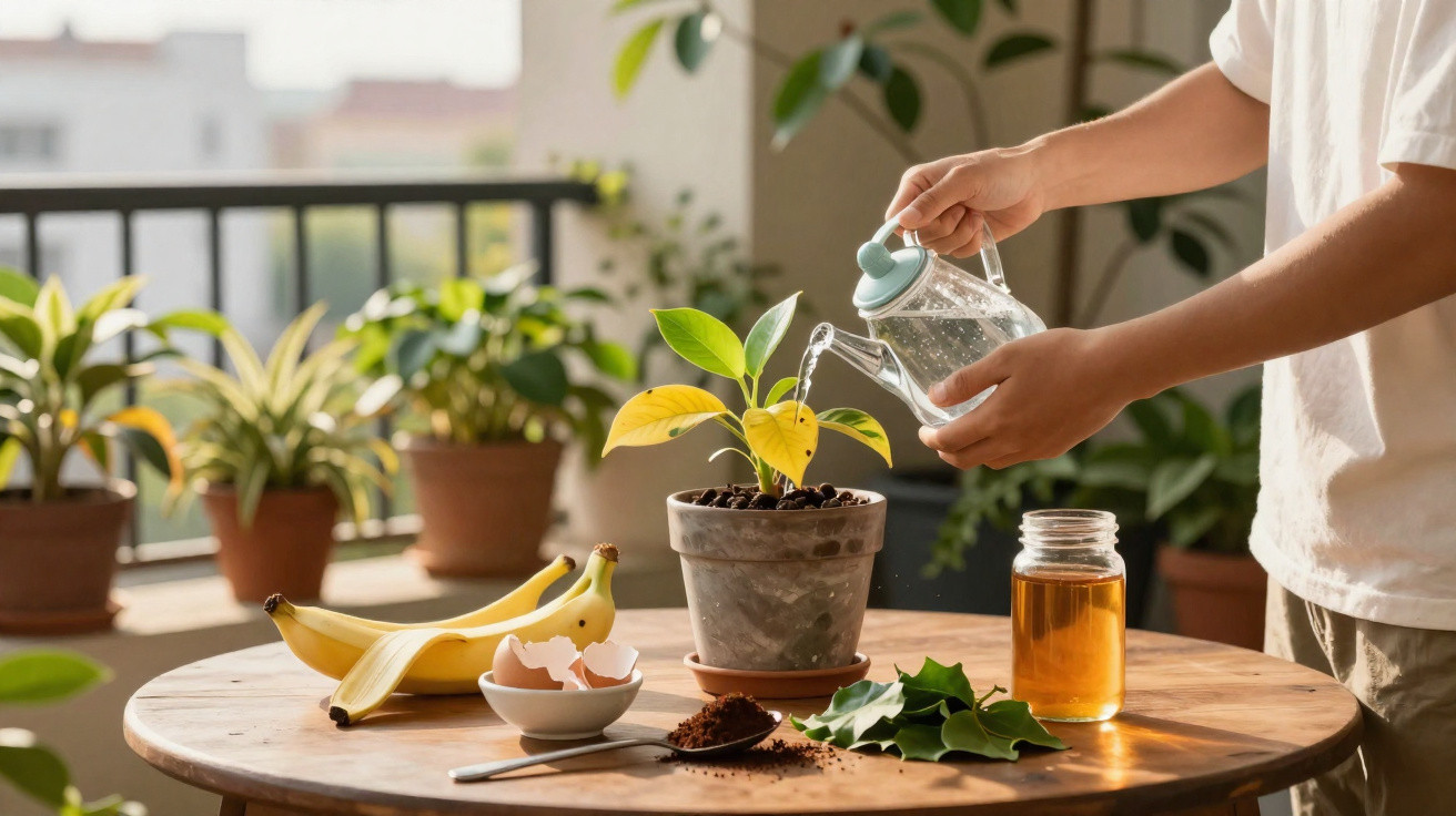 Pessoa a regar planta com folhas amarelas numa varanda, ao lado de bananas, cascas de ovos e ingredientes naturais.