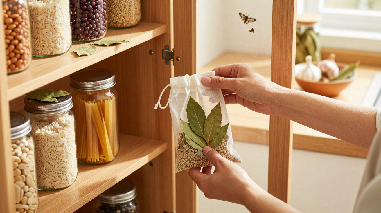 Mãos seguram saco de pano com folhas de louro e grãos, junto a prateleiras com frascos de legumes secos.